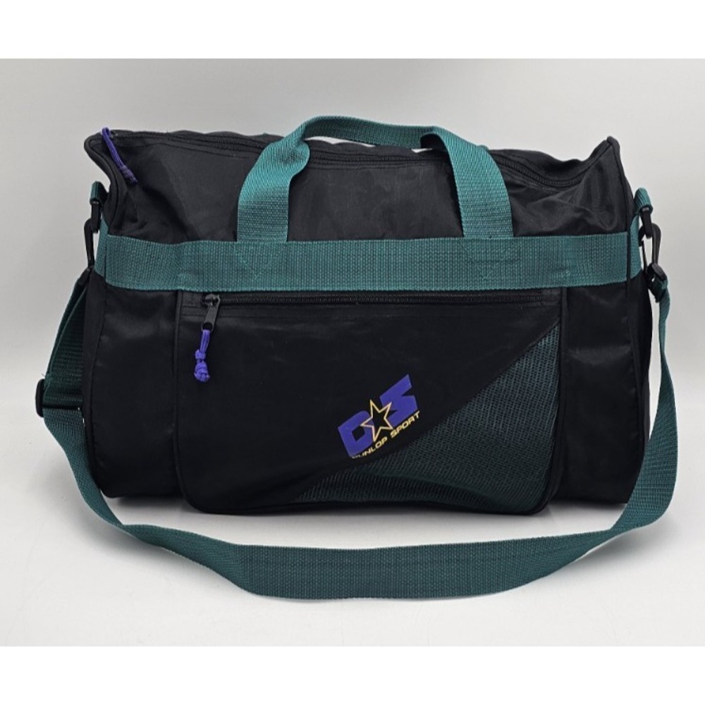 Vintage Dunlop Sport Duffle Gym Athletic Bag Black Green Purple Shoulder Strap